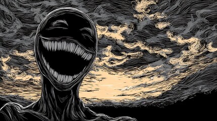 Unsettling dark figure with a wide, toothy grin and empty eyes, emerging from a textured, ominous sky, evoking a sense of horror and dread