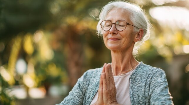 A calm senior woman practices mindfulness in a lush garden hands in a prayer position. She enjoys the sun while reflecting on her thoughts radiating tranquility and peace. - Powered by Adobe