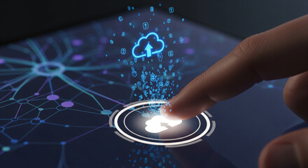 Finger touching cloud icon on digital interface representing data upload, secure storage, and advanced network technology for global business solutions