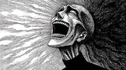Stark black and white illustration of a screaming, anguished face, half illuminated and half shrouded in deep shadow, conveying intense emotion and despair