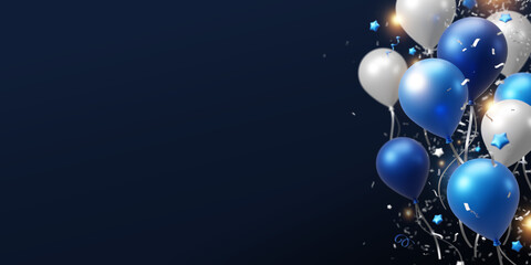 Blue and silver balloons with confetti on dark blue background with copy space 3D render