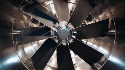 Close-up view of a metallic turbine blade assembly