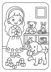 Cute Girl Playing with Puppy in Toy Room Coloring Page for Kids