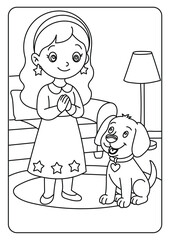 Cute Girl with Puppy Indoors Coloring Page for Kids
