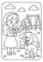 Cute Girl Playing with Puppy at Playground Coloring Page for Kids
