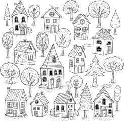 Fototapeta premium Hand drawn whimsical houses and trees doodle art line drawing
