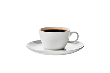 White Ceramic Coffee Cup and Saucer with Steaming Hot Black Coffee Isolated for Breakfast and Office Break Concepts