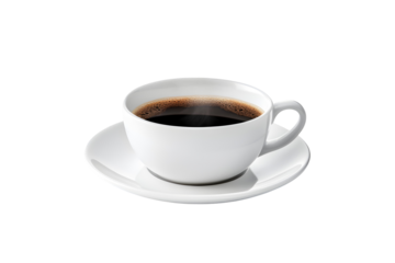 White Ceramic Coffee Cup and Saucer with Steaming Hot Black Coffee Isolated for Breakfast