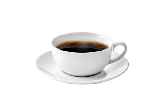 White Ceramic Coffee Cup and Saucer with Steaming Hot Black Coffee Isolated for Breakfast