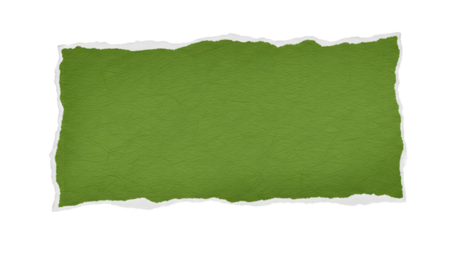 Green torn paper piece with rough edges isolated on transparent background