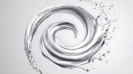 Abstract swirl of light liquid or metallic substance, forming a captivating spiral motion with splashes and droplets, symbolizing fluidity, purity, and dynamic energy