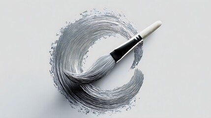 A paintbrush creating a dynamic, textured silver or grey paint stroke on a clean white background, showcasing artistic expression and creative process, isolated on white background