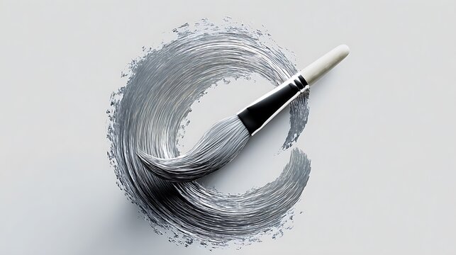 A paintbrush creating a dynamic, textured silver or grey paint stroke on a clean white background, showcasing artistic expression and creative process, isolated on white background
