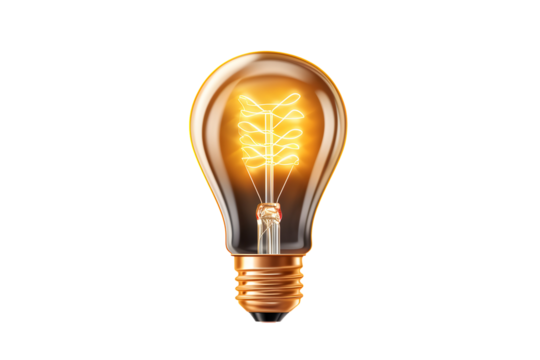 Glowing Glass Light Bulb with Bright Filament Isolated on White for Creative Idea Innovation
