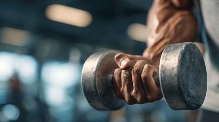 Closeup of a strong, sweaty arm gripping a heavy metal dumbbell during an intense weightlifting workout at a gym, emphasizing strength and physical effort