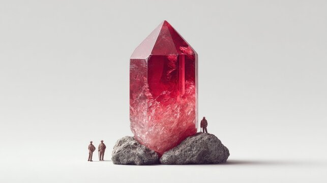 Giant red crystal formation with miniature figures on a white background