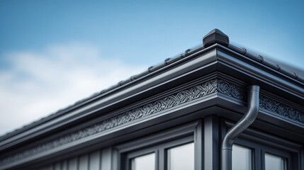 Obraz premium Architectural detail of a dark building's roofline and decorative trim against a blue sky