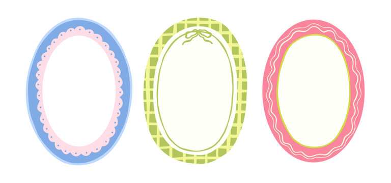 Hand drawn oval frame for kids, cute vector illustrations with bow for birthday card