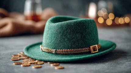 Stunning green hat with gold trim and coins, perfect for St Patrick's Day celebrations