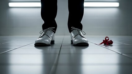 Fototapeta premium A Person Standing Above a Red Bow on a Tiled Floor
