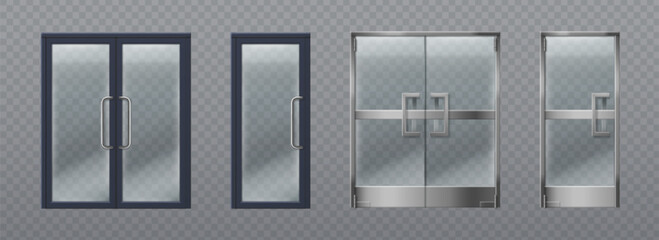 Obraz premium Glass doors set isolated on transparent background. Vector realistic illustration of office, supermarket or store entrance, closed single and double door frame, modern building facade design element
