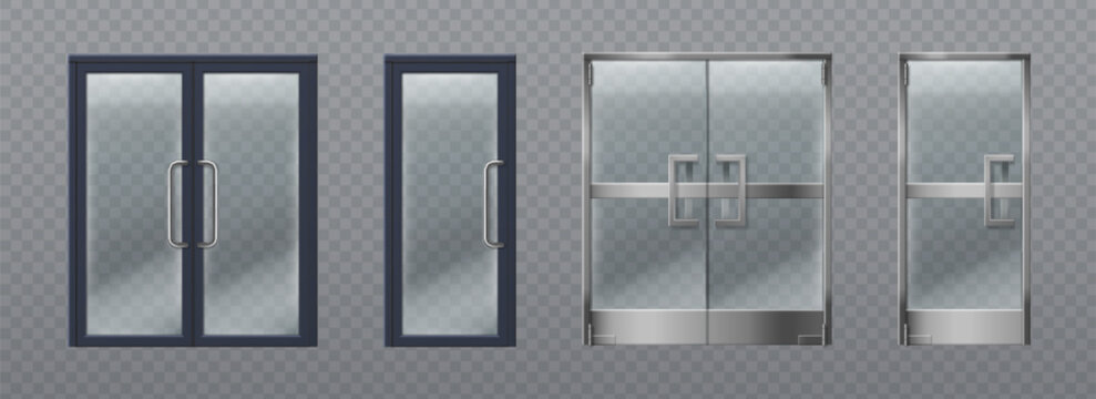 Glass doors set isolated on transparent background. Vector realistic illustration of office, supermarket or store entrance, closed single and double door frame, modern building facade design element