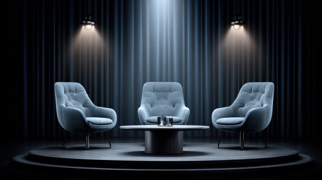Modern interview setting with chairs and a table on a stage.