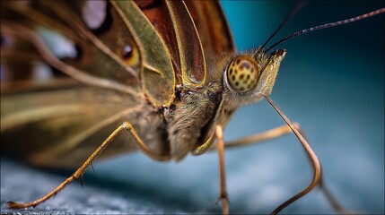 Intricate macro closeup of a butterfly, showcasing its detailed compound eyes, delicate antennae, and textured body against a soft, blurred background