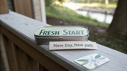 Fresh Start mints tin on wooden ledge with inspirational message new day new path