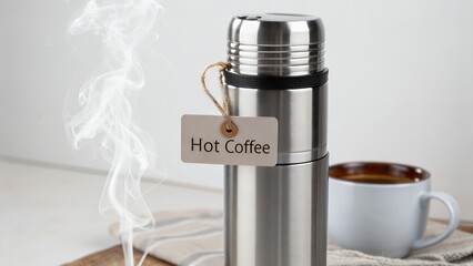 Silver thermos releasing steam with hot coffee tag
