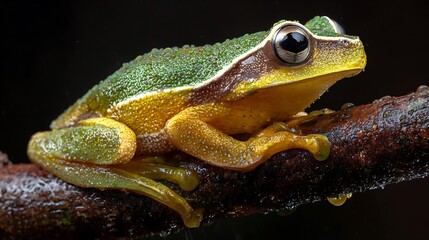 Green and yellow tree frog with glistening skin on a wet branch, its large eyes and vibrant patterns on dark backdrop