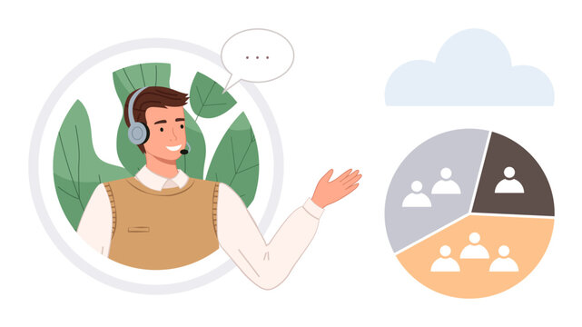 Customer service agent wearing a headset presenting segmented user data chart. Ideal for communication, teamwork, customer service, business analysis, online training, data presentation, simple flat