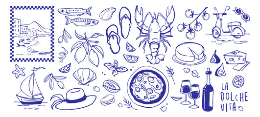 Amalfi coast doodle set in blue ink - Mediterranean seaside symbols with pizza and seafood, lemons and mussels, sailboat, scooter and wine. Hand drawn Italy travel icons for summer vacation tourism.