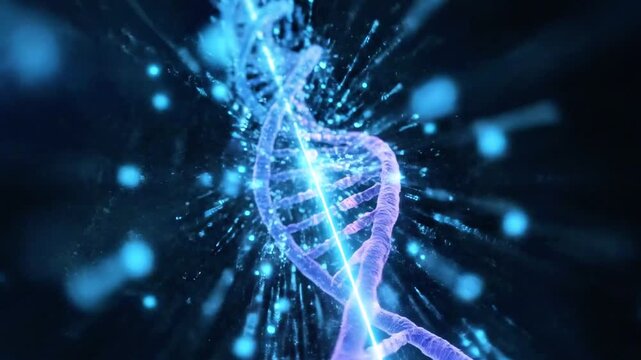 A luminous DNA double helix spirals in blue light amid digital particles and rapid motion. with glow
