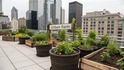 Urban farm with vegetables growing in pots on a city rooftop