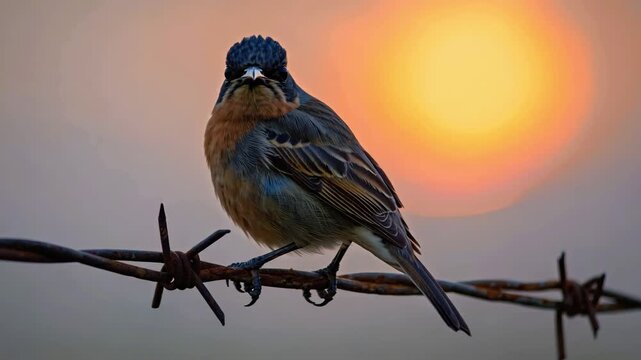 Stonechat Bird on Barbed Wire at Sunrise/Sunset (Close-up), 4K video