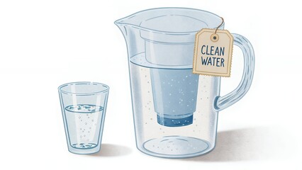 Water filter pitcher with clean water and glass