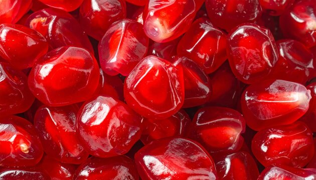 Close-up of bright red, ripe, sweet and juicy pomegranate seeds isolated on white background