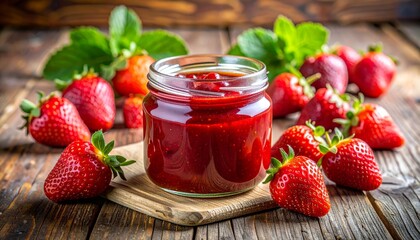 Fresh strawberry jam in a glass jar with candied fruit and ripe berries