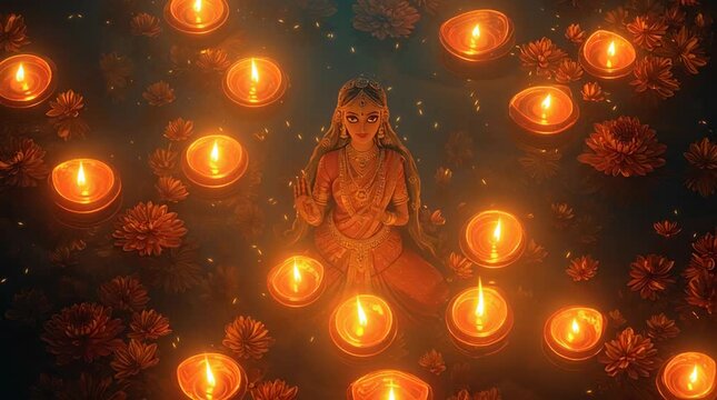Radiant Goddess Lakshmi Surrounded by Diwali Diyas, Representing Prosperity, Light, and Auspicious Beginnings in Hindu Tradition