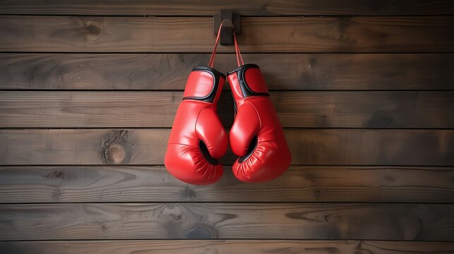 Vibrant red boxing gloves hanging on rustic wooden wall evoking strength and determination, ideal for fitness motivation and sports themes, athletic spirit