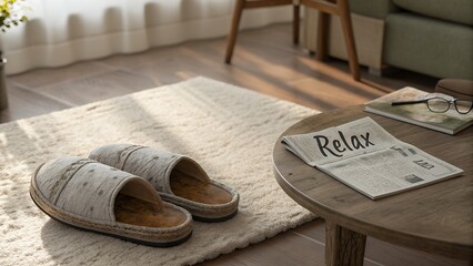 Worn slippers rest on a cozy rug near a table with a relax newspaper
