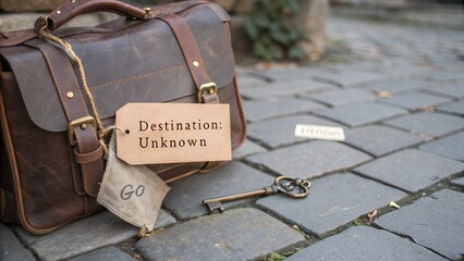Worn leather satchel with a key and destination unknown tag on cobblestone path