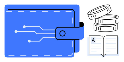Digital wallet with electronic circuit design, stacked coins, and open book. Ideal for fintech, cryptocurrency, e-learning, digital transactions, savings financial literacy modern banking. Simple