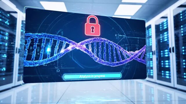 Futuristic data center with neon blue DNA helix and circular lock overlay on servers now. Data glow! - Powered by Adobe