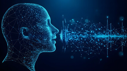 Artificial Intelligence Voice Recognition Concept - Blue Wireframe Head with Sound Waves