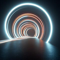 Obraz premium Futuristic neon light tunnel with glowing circular rings and reflective floor