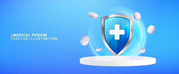 White 3D podium stage with medical cross on protective shield and floating pills. Blue background with healthcare symbols, hospital icon and pharmacy elements over platform for product presentation.