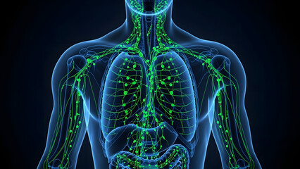 Human Lymphatic System Anatomy 3D Illustration - Glowing Green Nodes on Blue Body