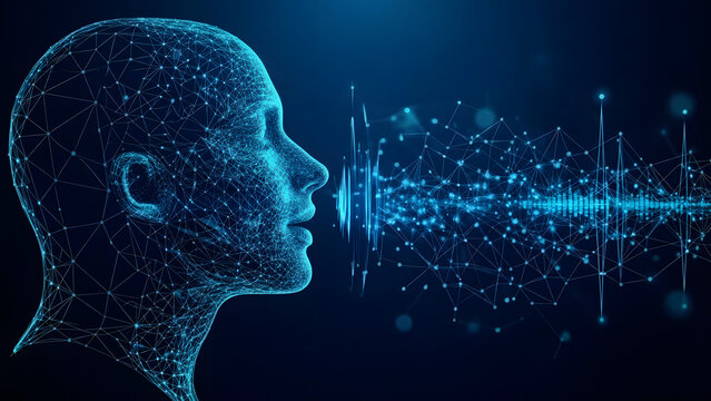 Artificial Intelligence Voice Recognition Concept - Blue Wireframe Head with Sound Waves